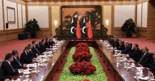 Chinese President Xi Jinping (6th L) and Pakistan's Prime Minister Shehbaz Sharif (4th R) attend a meeting at the Great Hall of the People, Beijing, China, May 25, 2026. (EPA Photo)
