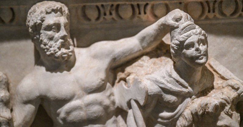 Statues on a sarcophagus at the Kayseri Archaeology Museum in Kayseri, central Türkiye, May 21, 2026. (AA Photo)