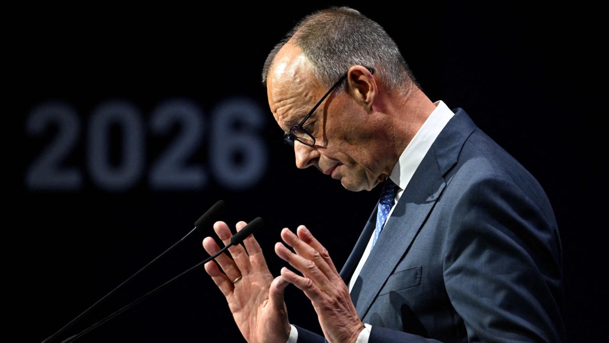 German Chancellor Friedrich Merz gestures as he addresses guests to open a so-called eSummit organized by the ZVEI Association of the German electro and digital industry, Berlin, Germany, May 20, 2026. (AFP Photo)