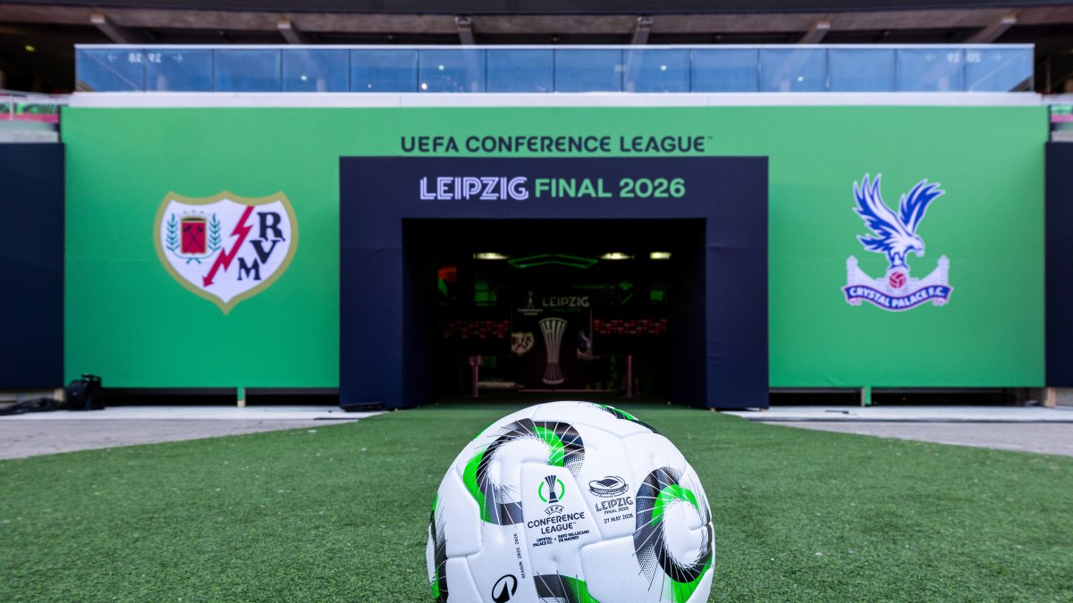 The Decathlon Kipsta match ball is pictured ahead of the UEFA Conference League Final 2026 match between Crystal Palace FC and Rayo Vallecano de Madrid at Football Arena Leipzig, Leipzig, Germany, May 25, 2026. (Getty Images Photo)