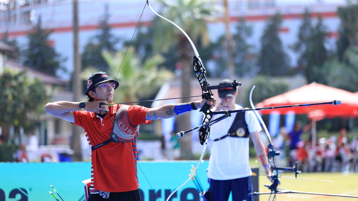 Turkish national archer Mete Gazoz in action during the recurve men’s and women’s individual finals of the 2026 European Outdoor Archery Championships held at Antalya 100. Yıl Archery Facilities, Antalya, May 24, 2026. (AA Photo)
