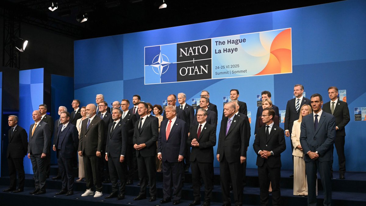 NATO leaders pose for a family photo during the NATO summit, The Hague, Netherlands, June 25, 2025. (AP Photo)