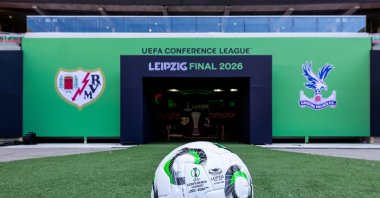 The Decathlon Kipsta match ball is pictured ahead of the UEFA Conference League Final 2026 match between Crystal Palace FC and Rayo Vallecano de Madrid at Football Arena Leipzig, Leipzig, Germany, May 25, 2026. (Getty Images Photo)