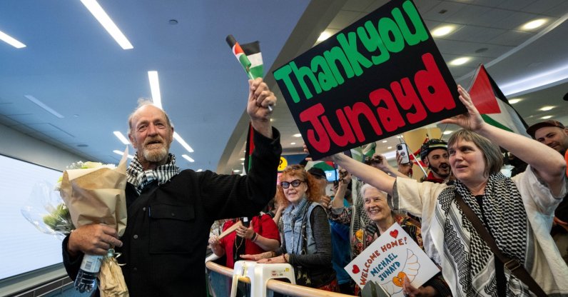 Michael France, a member of the Global Sumud Flotilla to Gaza, reunites with supporters after he arrives at the Vancouver International Airport in Richmond, British Columbia, Canada, May 24, 2026. (AP Photo)