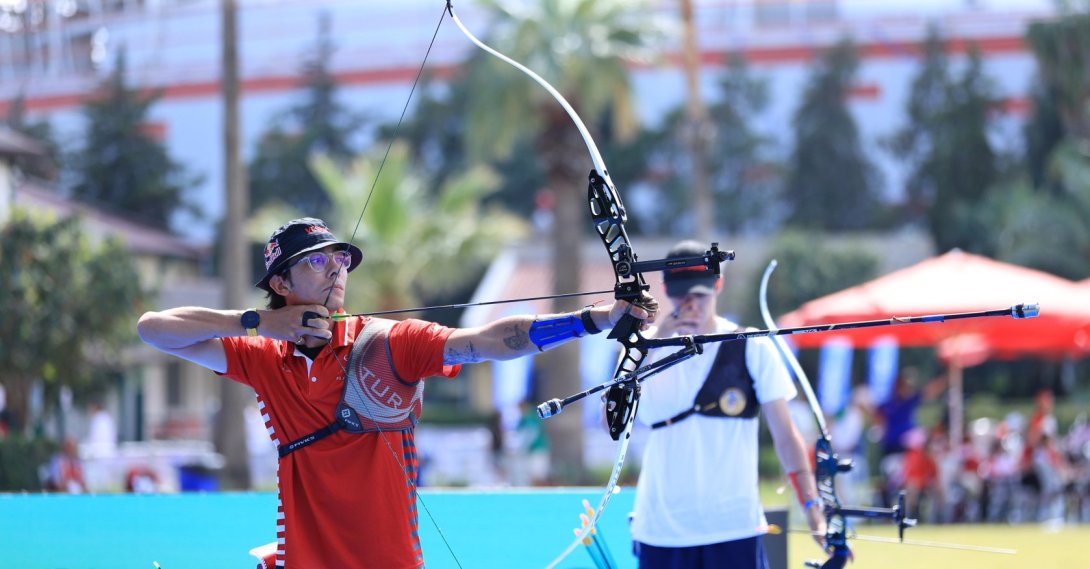 Turkish national archer Mete Gazoz in action during the recurve men’s and women’s individual finals of the 2026 European Outdoor Archery Championships held at Antalya 100. Yıl Archery Facilities, Antalya, May 24, 2026. (AA Photo)
