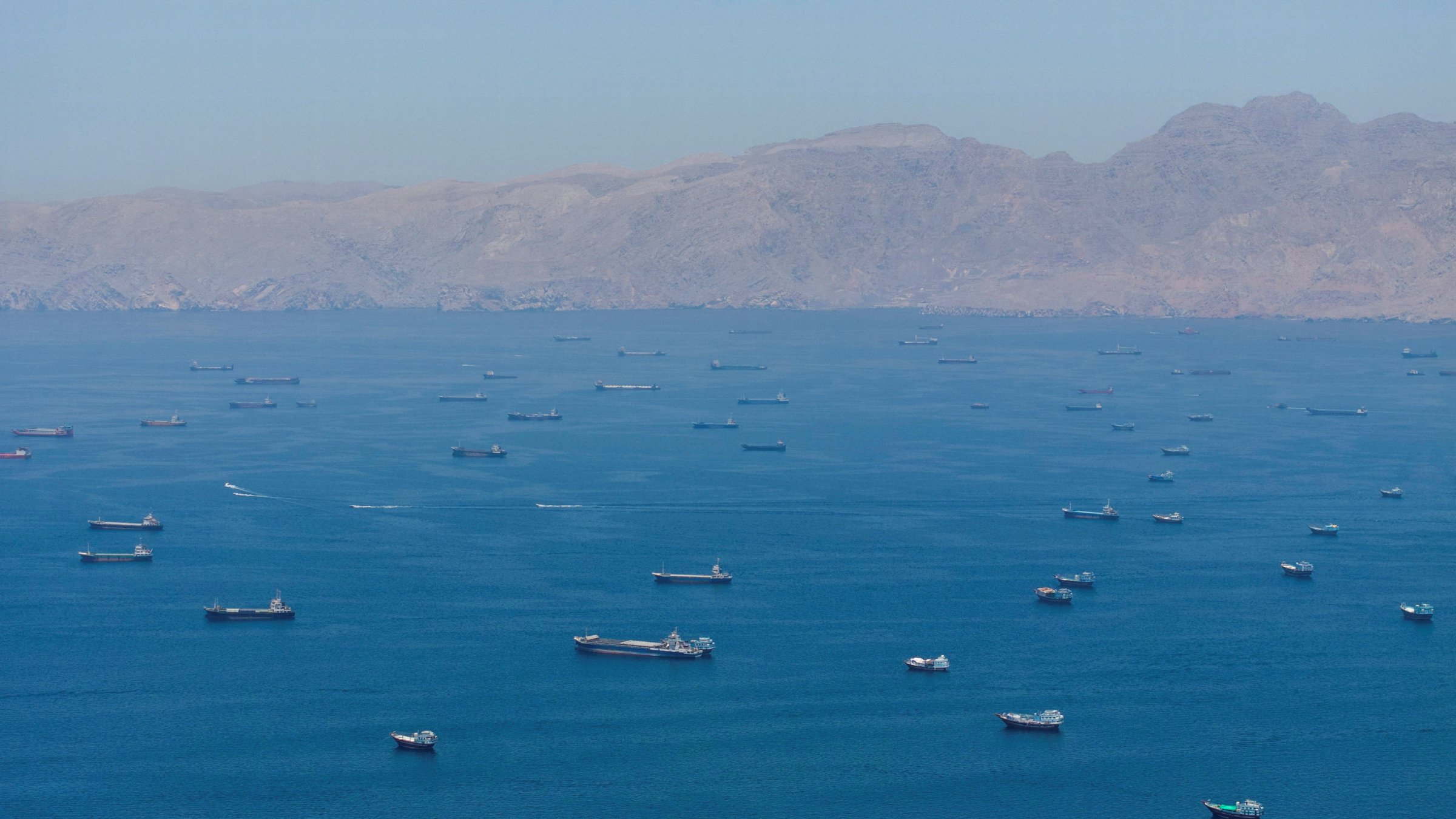 A drone view shows vessels anchored at the Strait of Hormuz, as seen from Musandam, Oman, May 25, 2026. (Reuters Photo)
