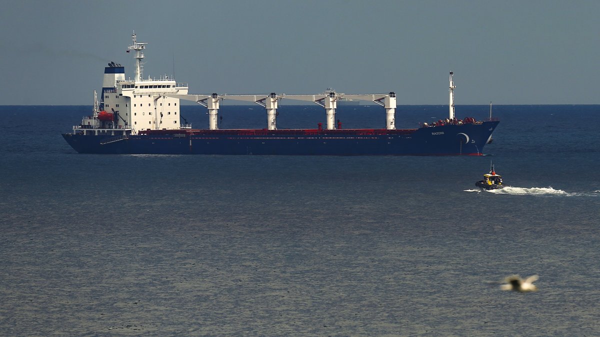 A boat with Russian, Ukrainian, Turkish and U.N. officials heads to the Sierra Leone-flagged cargo ship Razoni, to check if the grain shipment is in accordance with a crucial agreement signed last month by Moscow and Kyiv, at an inspection area in the Black Sea off the coast of Istanbul, Türkiye, Aug. 3, 2022. (AP Photo)