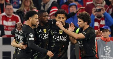 Paris Saint-Germain's Ousmane Dembele (2nd L) celebrates scoring his team's first goal with teammates during the UEFA Champions League second-leg, semifinal football match against Bayern Munich, Munich, Germany, May 6, 2026. (AFP Photo)