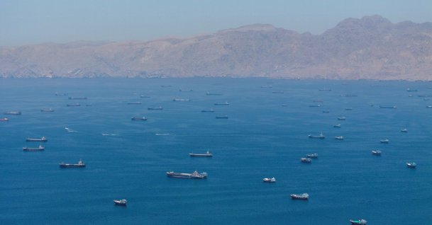 A drone view shows vessels anchored at the Strait of Hormuz, as seen from Musandam, Oman, May 25, 2026. (Reuters Photo)