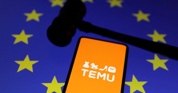 Temu logo, a gavel and the European Union's flag are seen in this illustration taken Nov. 4, 2024. (Reuters Photo)