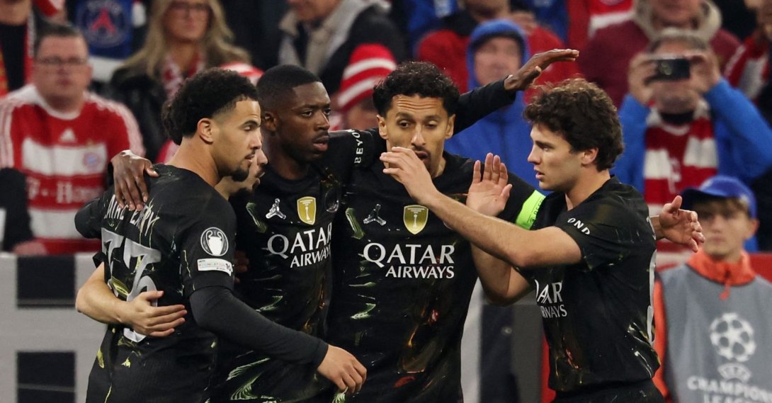 Paris Saint-Germain's Ousmane Dembele (2nd L) celebrates scoring his team's first goal with teammates during the UEFA Champions League second-leg, semifinal football match against Bayern Munich, Munich, Germany, May 6, 2026. (AFP Photo)