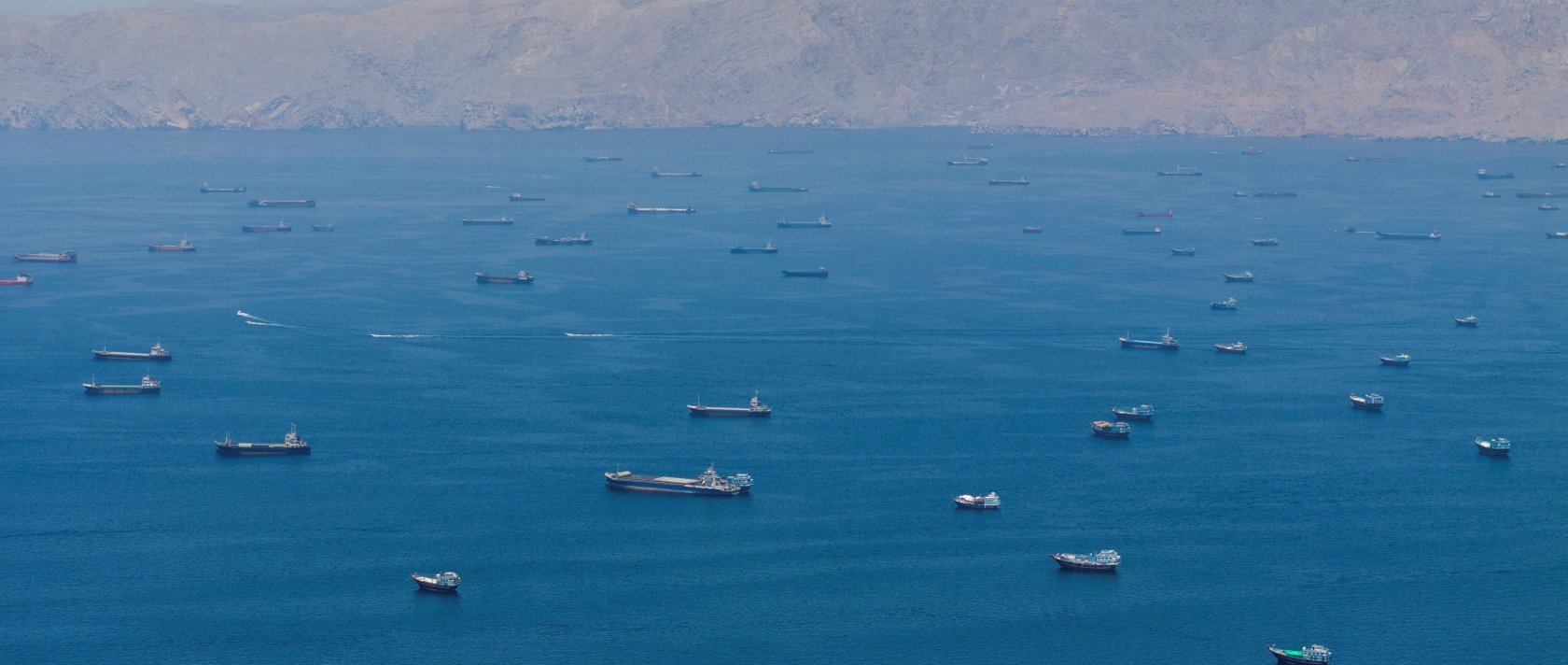 A drone view shows vessels anchored at the Strait of Hormuz, as seen from Musandam, Oman, May 25, 2026. (Reuters Photo)