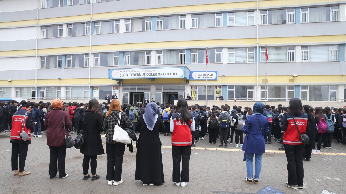 Students and teachers hold a memorial ceremony for the teacher and students killed in a school shooting, Kahramanmaraş, Türkiye, April 20, 2026. (AA Photo)
