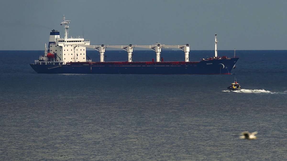 A boat with Russian, Ukrainian, Turkish and U.N. officials heads to the Sierra Leone-flagged cargo ship Razoni to check if the grain shipment is in accordance with a crucial agreement signed last month by Moscow and Kyiv, at an inspection area in the Black Sea off the coast of Istanbul, Türkiye, Aug. 3, 2022. (AP Photo)