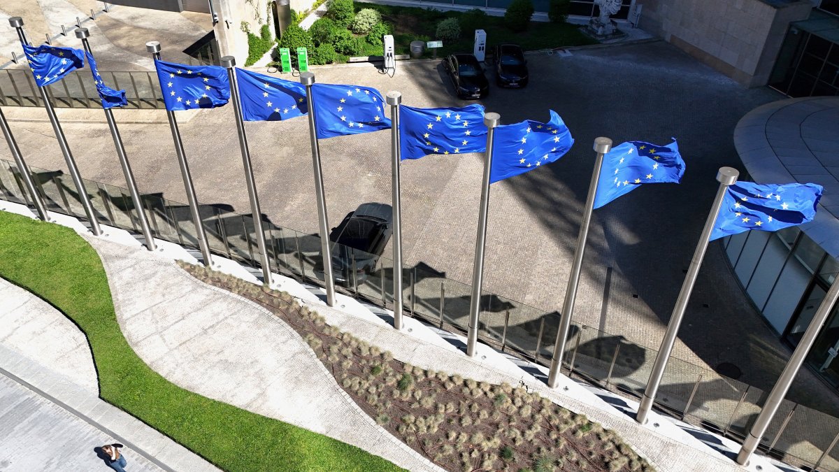 A drone view shows the European Union flags outside the European Commission headquarters, Brussels, Belgium, April 29, 2026. (Reuters Photo)