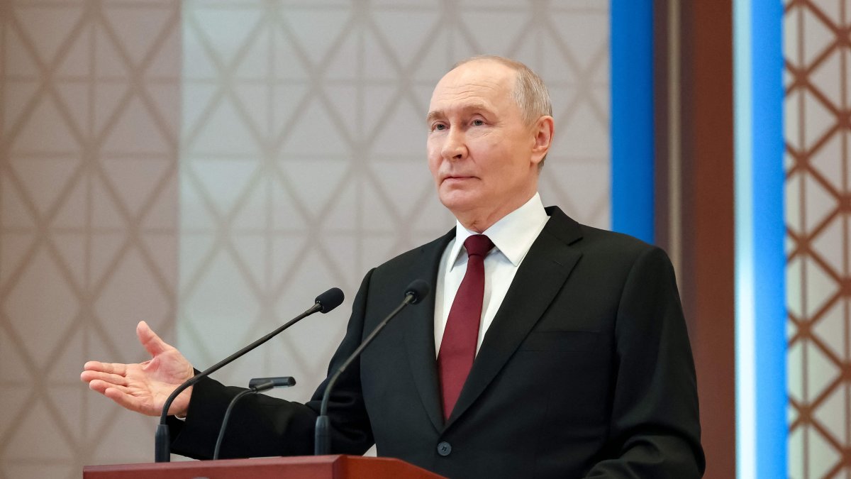 Russia's President Vladimir Putin addresses a press conference during his state visit to Kazakhstan, at the Palace of Independence in Astana, May 29, 2026. (AFP via Handout)