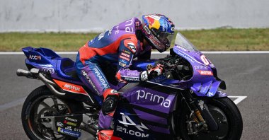 Turkish MotoGP rider Toprak Razgatlıoğlu of Prima Pramac Yamaha in action during the third free training session of the Motorcycling Grand Prix of Catalonia at the Circuit de Barcelona-Catalunya racetrack in Montmelo, Barcelona, Spain, May 16, 2026. (AA Photo)