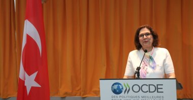 Esen Altuğ, Türkiye's permanent representative to the OECD, addresses an event on COP31 priorities at OECD headquarters, Paris, France, May 28, 2026. (AA Photo)