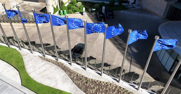 A drone view shows the European Union flags outside the European Commission headquarters, Brussels, Belgium, April 29, 2026. (Reuters Photo)