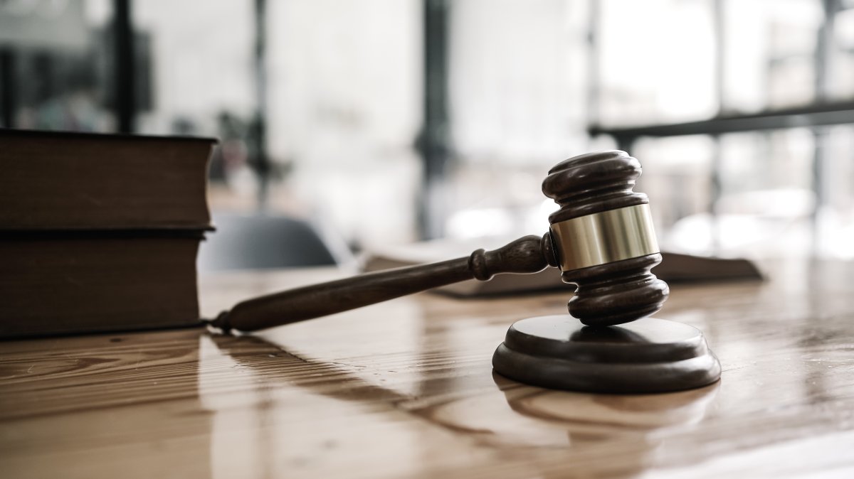 A wooden gavel and law book are seen on a desk. (Shutterstock Photo)
