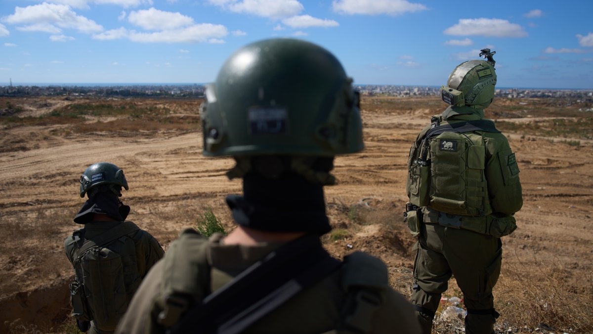 Israeli soldiers occupy a military position overlooking the so-called "yellow line" in the central Gaza Strip, May 26, 2026. (AP Photo)