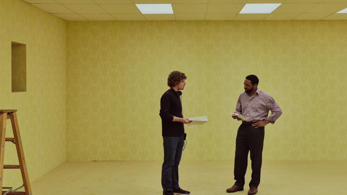 This image released by A24 shows Kane Parsons (L) and Chiwetel Ejiofor on the set of "Backrooms." (AP Photo)