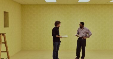 This image released by A24 shows Kane Parsons (L) and Chiwetel Ejiofor on the set of "Backrooms." (AP Photo)