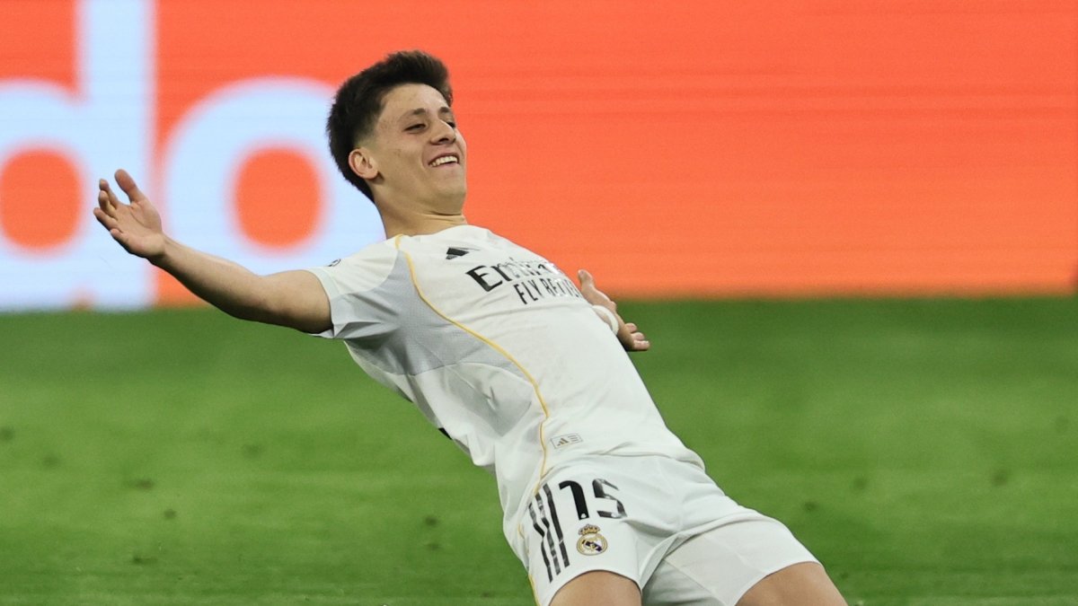 Real Madrid's Arda Güler celebrates after scoring during the UEFA Champions League quarterfinals, 2nd leg match against Bayern Munich, Munich, Germany, April 15, 2026. (EPA Photo)