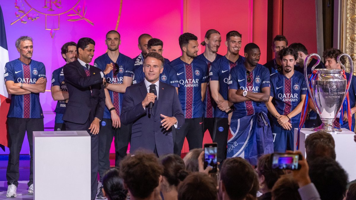 French President Emmanuel Macron attends a reception for the Paris Saint-Germain team staff and players at the Elysee Palace, Paris, France, May 31, 2026. (Reuters Photo)