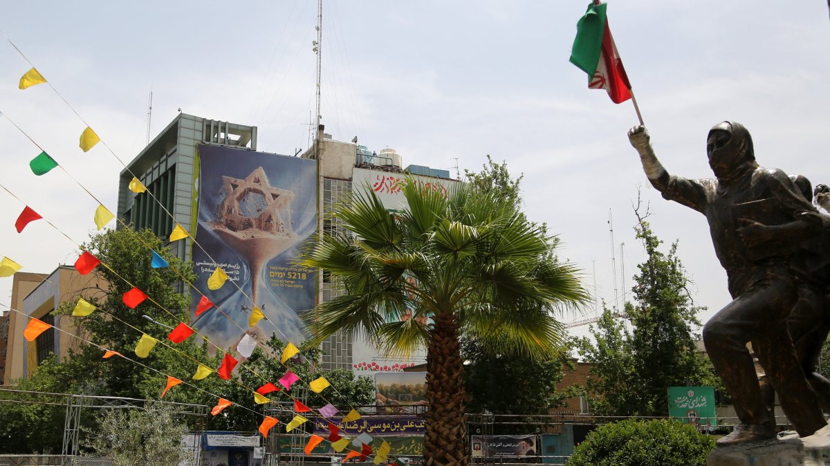 An anti-Israel banner is seen in Tehran, Iran, June 1, 2026. (AA Photo) 