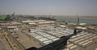 An aerial view taken during the visit of the Iraqi prime minister to the southern city of Basra shows the port of Umm Qasr, July 15, 2020. (AFP Photo)