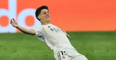 Real Madrid's Arda Güler celebrates after scoring during the UEFA Champions League quarterfinals, 2nd leg match against Bayern Munich, Munich, Germany, April 15, 2026. (EPA Photo)