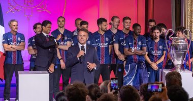 French President Emmanuel Macron attends a reception for the Paris Saint-Germain team staff and players at the Elysee Palace, Paris, France, May 31, 2026. (Reuters Photo)