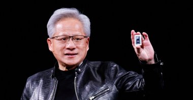 Nvidia CEO Jensen Huang introduces the RTX Spark GPU during a keynote address on the sidelines of the annual Computex trade show in Taipei, Taiwan, June 1, 2026. (Reuters Photo)