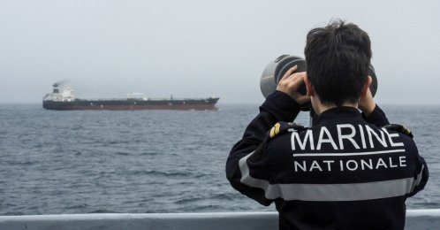 A French Marine Nationale (French Navy) observes the Tagor, a sanctioned Russian oil tanker, some 400 nautical miles west of France's Brittany coast, June 1, 2026. (AFP Photo)