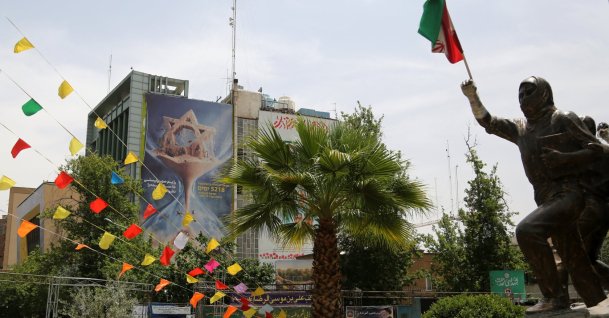 An anti-Israel banner is seen in Tehran, Iran, June 1, 2026. (AA Photo) 