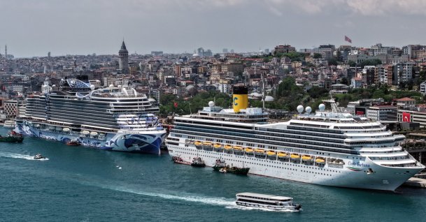 A general view of cruisers docked at Galataport, Istanbul, Türkiye, May 19, 2026. (IHA Photo)