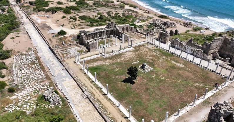 An aerial view of the ancient city of Side, Antalya, southern Türkiye, May 21, 2026. (AA Photo)