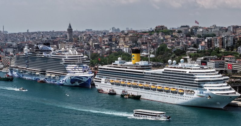 A general view of cruisers docked at Galataport, Istanbul, Türkiye, May 19, 2026. (IHA Photo)