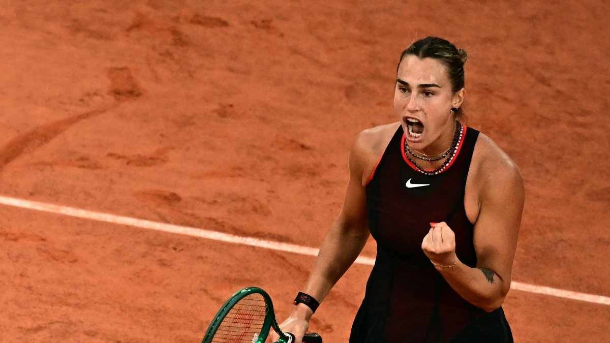 Aryna Sabalenka reacts to a point against Japan's Naomi Osaka during their women's singles match on day 9 of the French Open tennis tournament on Court Philippe-Chatrier at the Roland-Garros Complex, Paris, France, June 1, 2026. (AFP Photo)