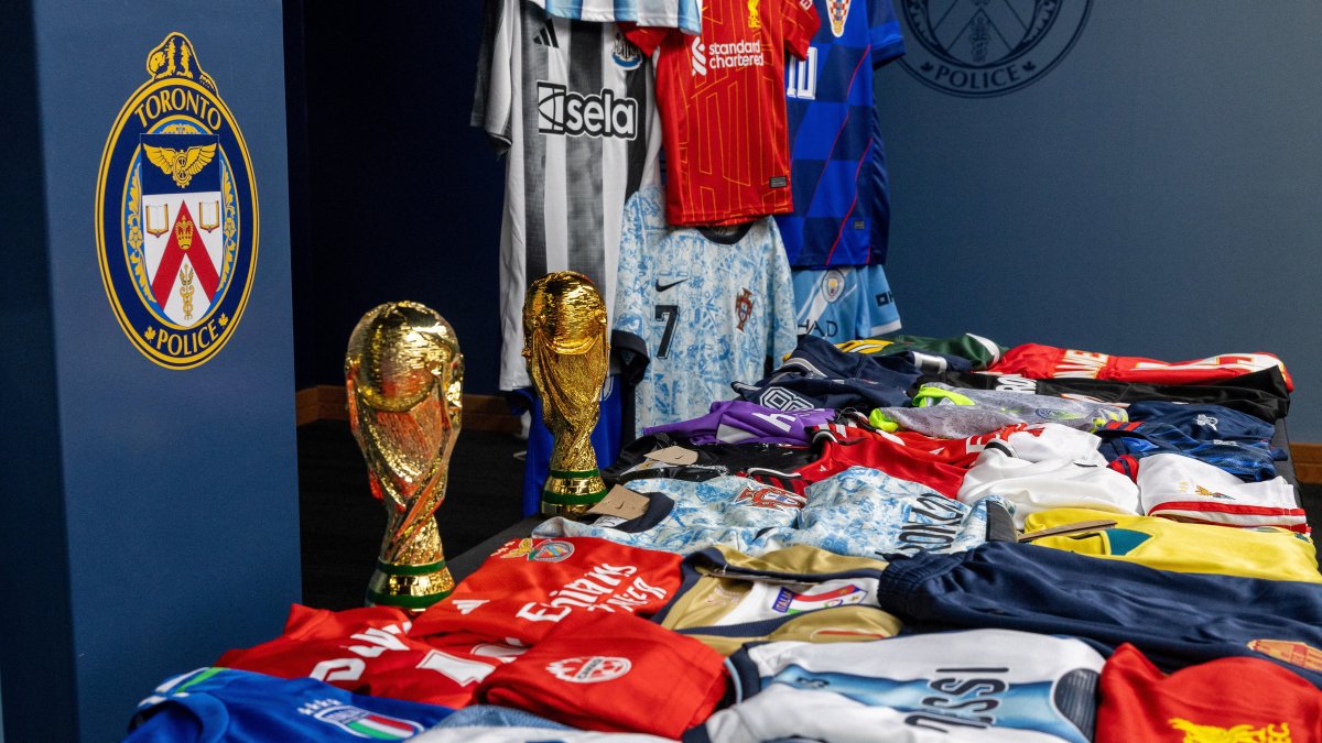 Examples of what the Toronto Police Service described as the largest seizure of counterfeit and other sports jerseys ever recorded in Canada, just days before the start of the FIFA 2026 World Cup, are displayed before a news conference, Toronto, Canada, June 1, 2026. (Reuters Photo)