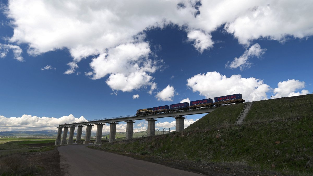 A train runs along a section of the newly opened Baku-Tbilisi-Kars (BTK) railway line, near Akhalkalaki, Georgia June 2, 2026. (Reuters Photo)