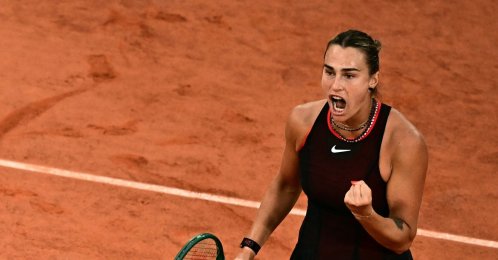 Aryna Sabalenka reacts to a point against Japan's Naomi Osaka during their women's singles match on day 9 of the French Open tennis tournament on Court Philippe-Chatrier at the Roland-Garros Complex, Paris, France, June 1, 2026. (AFP Photo)