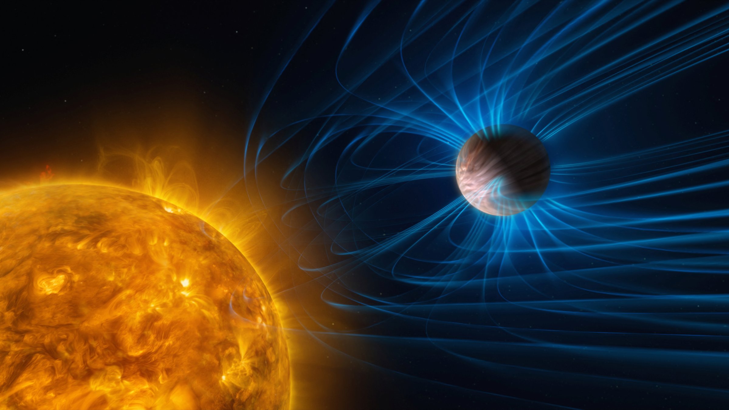 This illustration, released on June 2, 2026, shows magnetic activity in an exoplanet that is a gas giant like Jupiter but orbits very close to its host star and is tidally locked: one side always faces the star and is scorching hot, whereas the other side is extremely cold. (Reuters Photo)