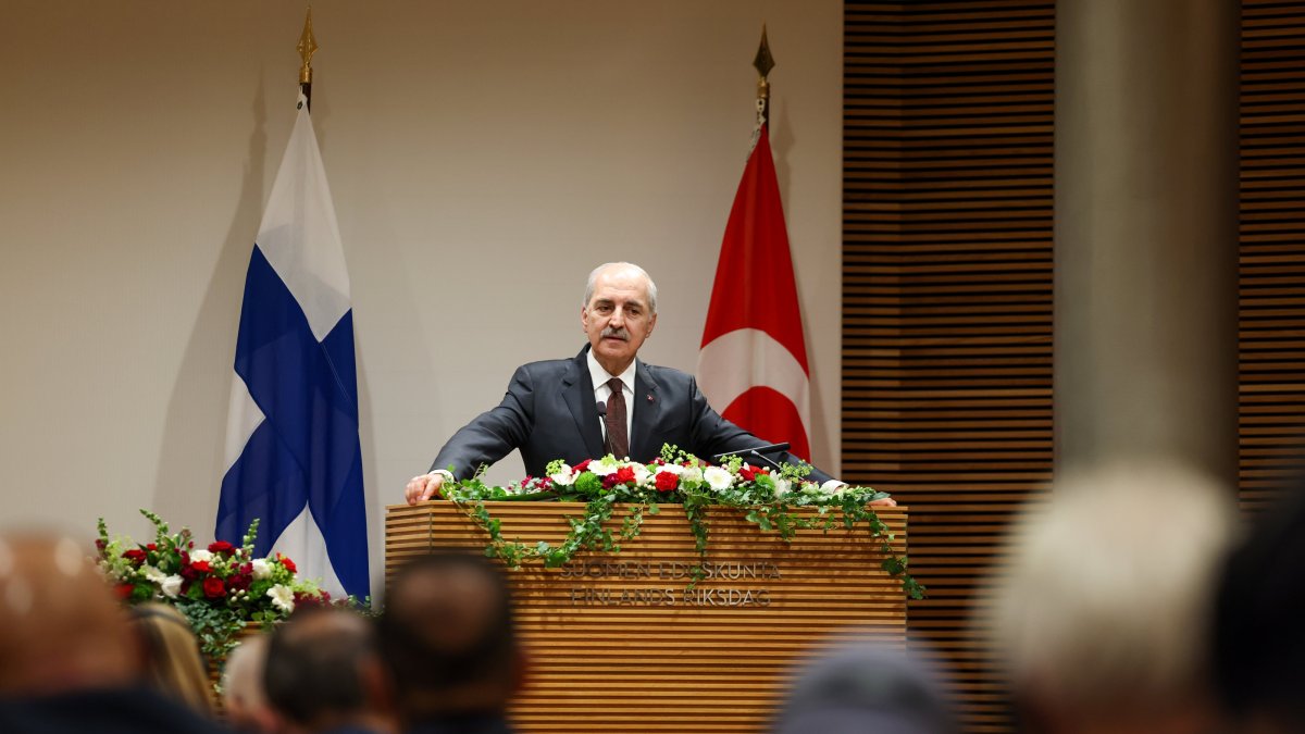 Parliament Speaker Numan Kurtulmuş speaks at a conference hosted by the Finland-Türkiye Interparliamentary Friendship Group in Helsinki, Finland, June 3, 2026. (AA Photo)
