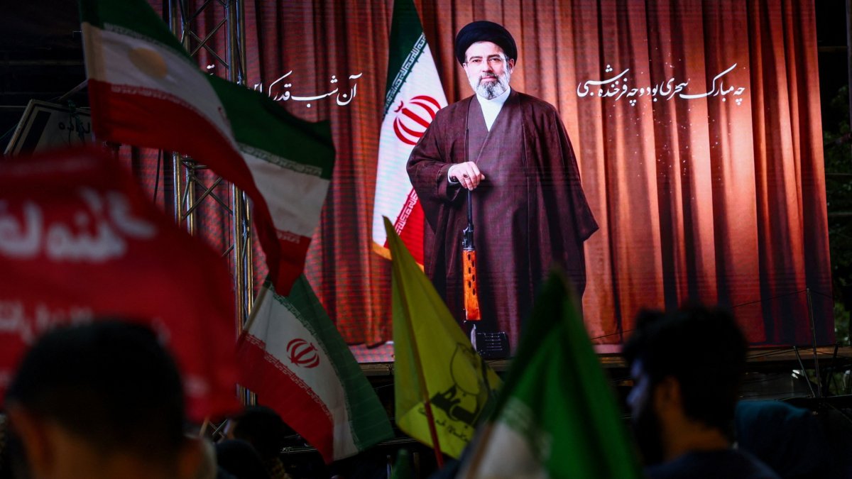 A screen displays an image of Iran's Supreme Leader Mojtaba Khamenei, during a rally in Tehran, Iran, May 29, 2026. (Reuters Photo)