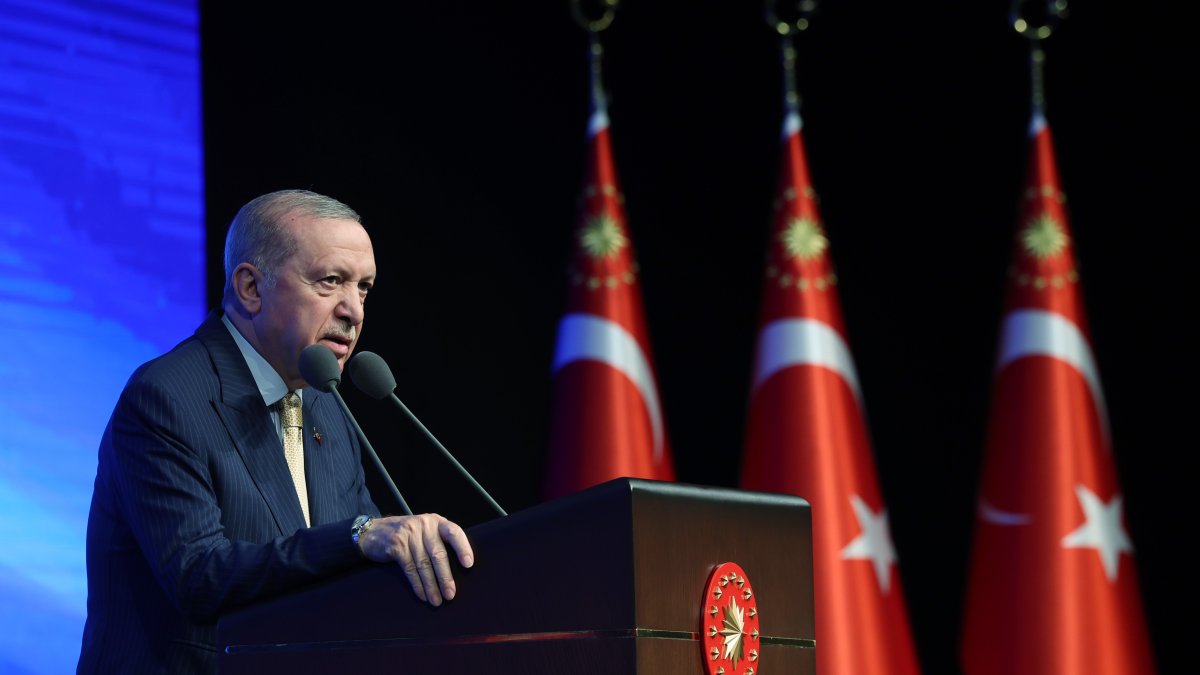 President Recep Tayyip Erdoğan delivers remarks during the 2025 Renewable Energy Investments Collective Opening Ceremony at the Presidential Complex in Ankara, June 3, 2026. (IHA Photo)