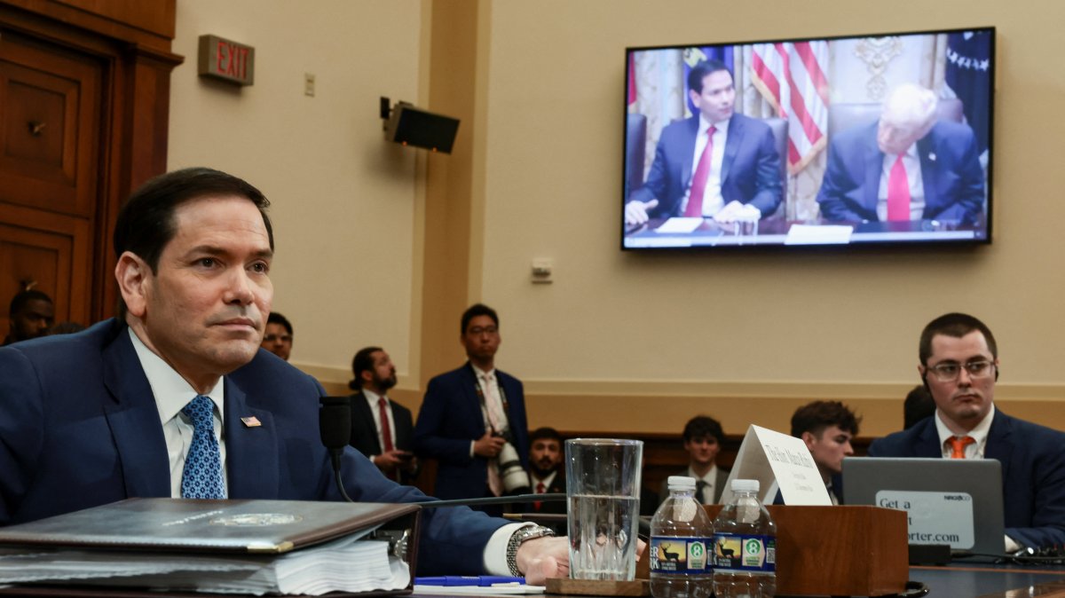 U.S. Secretary of State Marco Rubio watches a video showing him and U.S. President Donald Trump, as he is being questioned at a U.S. House Foreign Affairs Committee hearing on President Donald Trump's Fiscal Year 2027 budget request for the Department of State, on Capitol Hill in Washington, D.C., U.S., June 3, 2026. (Reuters Photo)