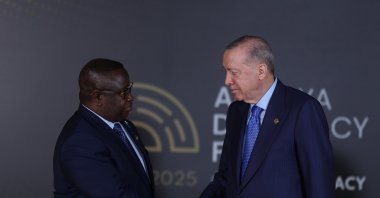 President Recep Tayyip Erdoğan shakes hands with Sierra Leone President Julius Maada Bio during a meeting in Antalya, southern Türkiye, April 12, 2025. (AA Photo)