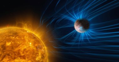 This illustration, released on June 2, 2026, shows magnetic activity in an exoplanet that is a gas giant like Jupiter but orbits very close to its host star and is tidally locked: one side always faces the star and is scorching hot, whereas the other side is extremely cold. (Reuters Photo)